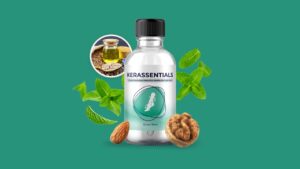 Kerassentials bottle – natural oil formula for nail and skin health, designed to combat fungus and support healthy nails